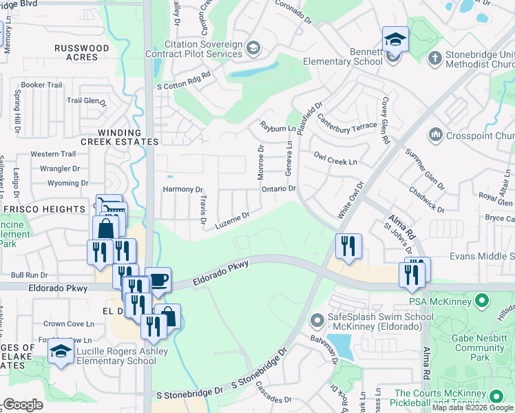 map of restaurants, bars, coffee shops, grocery stores, and more near 2608 Monroe Drive in McKinney