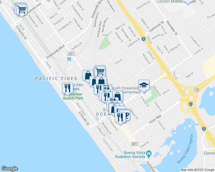 map of restaurants, bars, coffee shops, grocery stores, and more near 1626 Alvarado Street in Oceanside