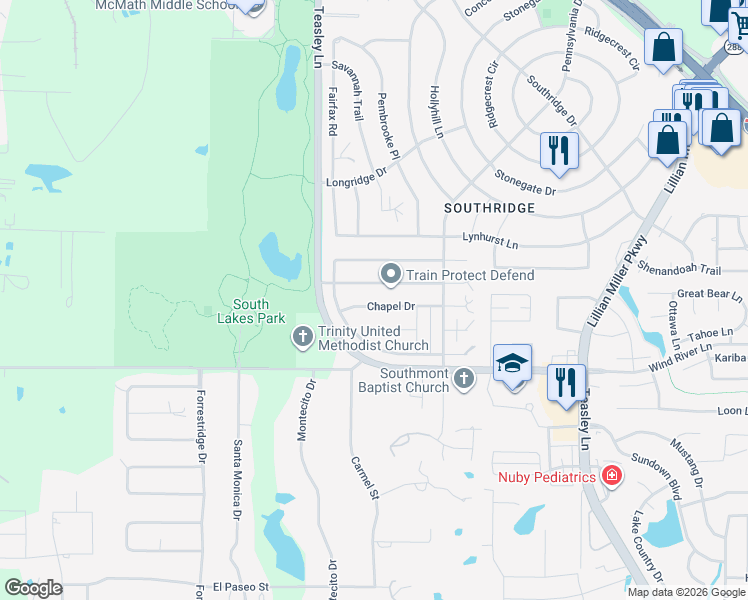 map of restaurants, bars, coffee shops, grocery stores, and more near 819 Chapel Drive in Denton