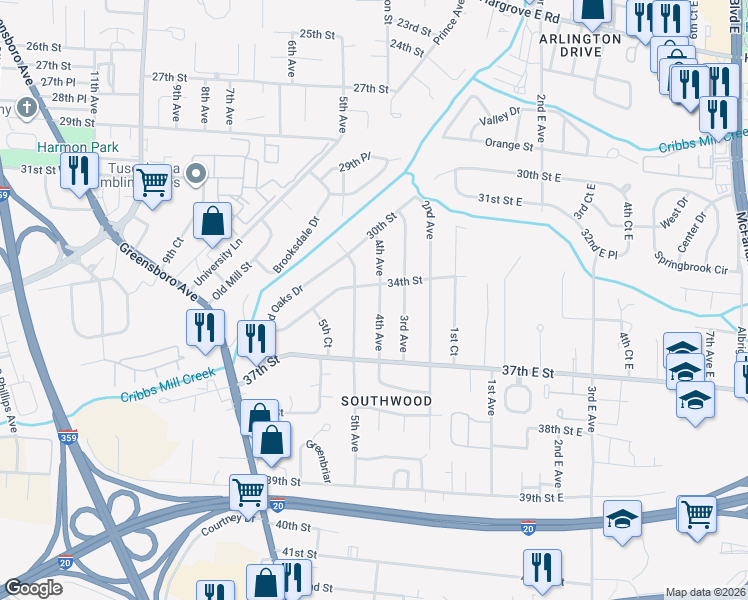 map of restaurants, bars, coffee shops, grocery stores, and more near 3418 4th Avenue in Tuscaloosa