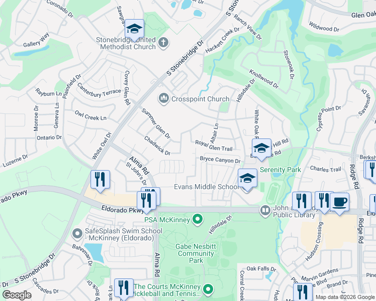 map of restaurants, bars, coffee shops, grocery stores, and more near 7308 Midcrest Court in McKinney