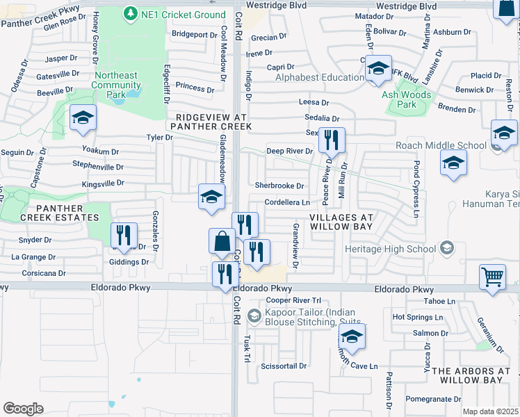 map of restaurants, bars, coffee shops, grocery stores, and more near 12261 Crab Apple Lane in Frisco