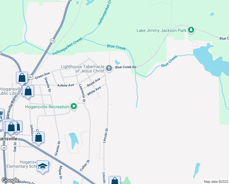 map of restaurants, bars, coffee shops, grocery stores, and more near 173 Lincoln Street in Hogansville