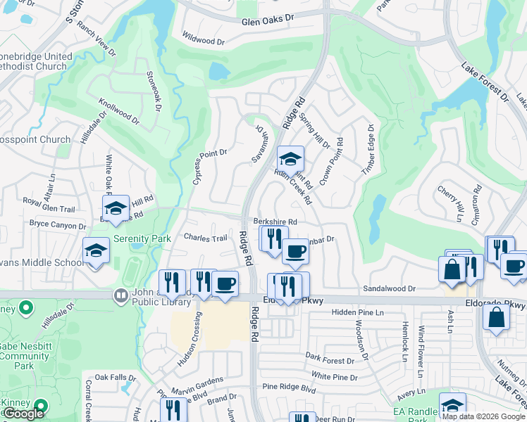 map of restaurants, bars, coffee shops, grocery stores, and more near 2309 Aberdeen Avenue in McKinney