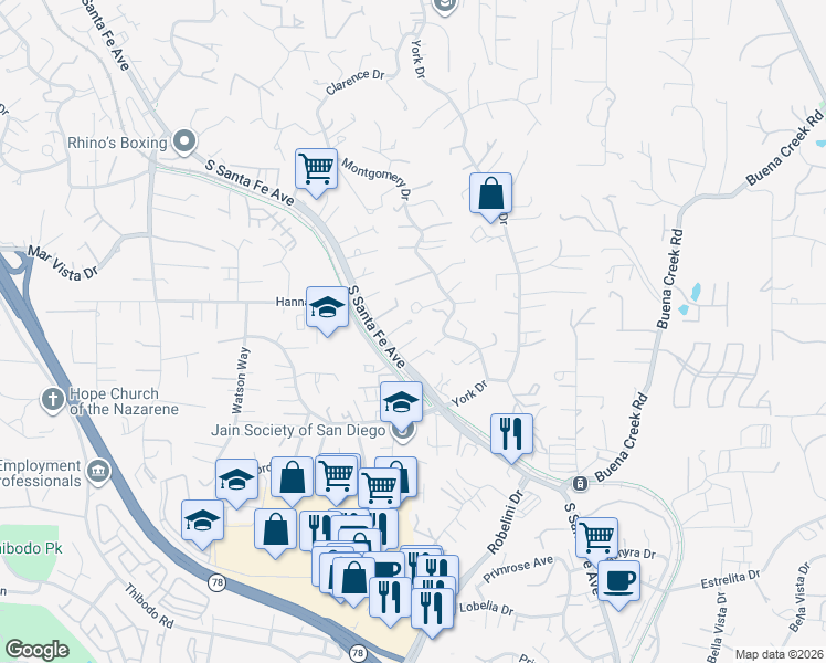 map of restaurants, bars, coffee shops, grocery stores, and more near 1758 South Santa Fe Avenue in Vista