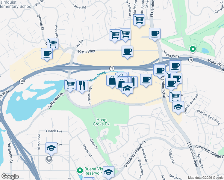 map of restaurants, bars, coffee shops, grocery stores, and more near 2561 El Camino Real in Carlsbad