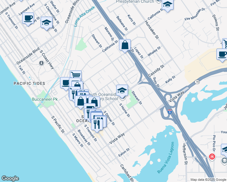 map of restaurants, bars, coffee shops, grocery stores, and more near 1724 South Horne Street in Oceanside
