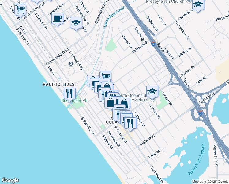 map of restaurants, bars, coffee shops, grocery stores, and more near 1626 Alvarado Street in Oceanside