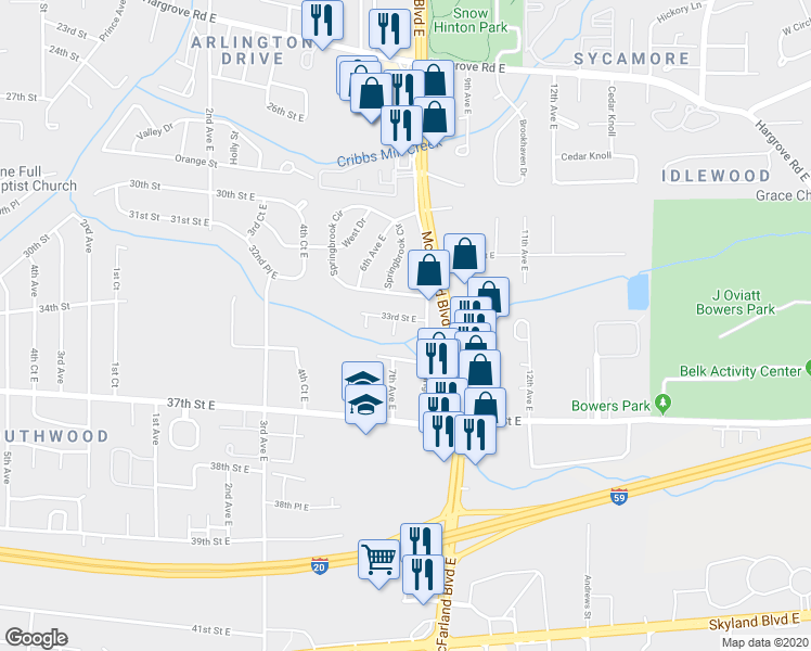 map of restaurants, bars, coffee shops, grocery stores, and more near 721 33rd Street East in Tuscaloosa