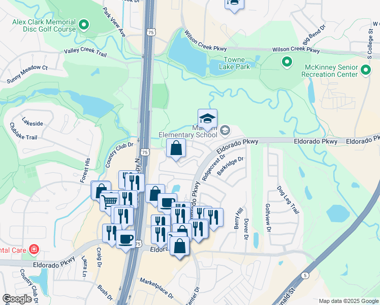 map of restaurants, bars, coffee shops, grocery stores, and more near 1701 Park Central Drive in McKinney