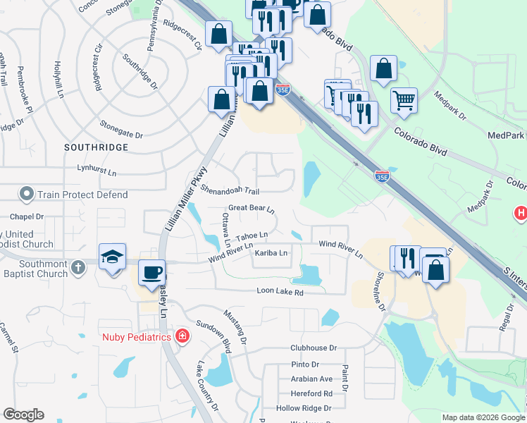 map of restaurants, bars, coffee shops, grocery stores, and more near 3001 Kootenay in Denton