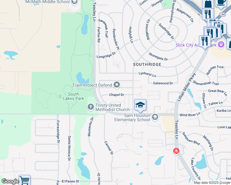 map of restaurants, bars, coffee shops, grocery stores, and more near 819 Chapel Drive in Denton