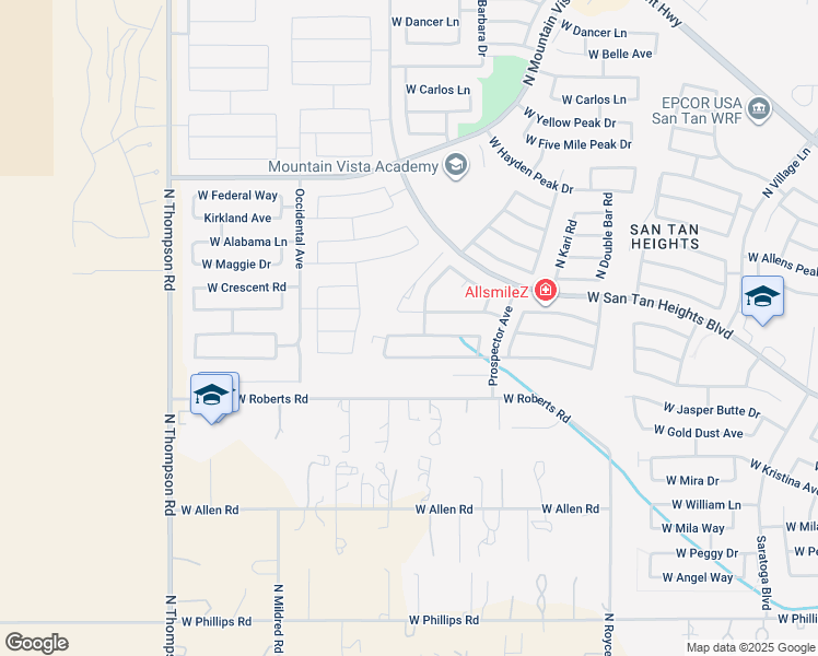 map of restaurants, bars, coffee shops, grocery stores, and more near 3864 West South Butte Road in Queen Creek