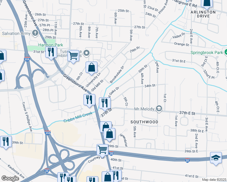 map of restaurants, bars, coffee shops, grocery stores, and more near 622 Highland Oaks Drive in Tuscaloosa