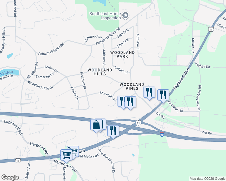 map of restaurants, bars, coffee shops, grocery stores, and more near 3214 Arbor Lane in Tuscaloosa