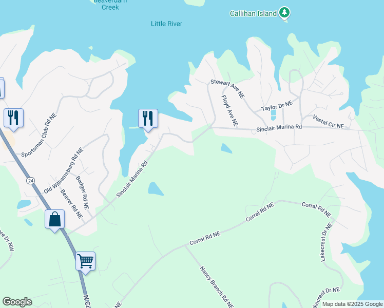 map of restaurants, bars, coffee shops, grocery stores, and more near 177 Sinclair Marina Road Northeast in Milledgeville