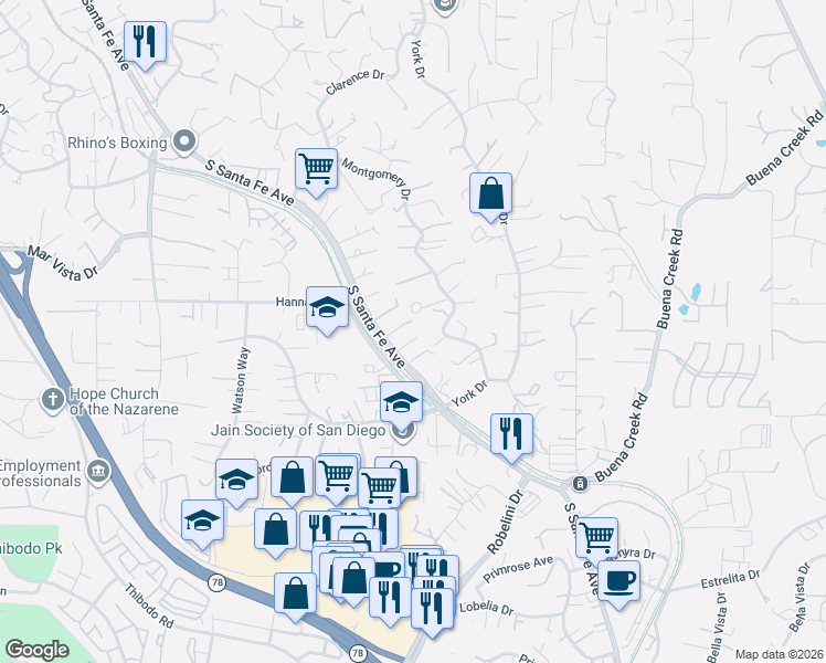map of restaurants, bars, coffee shops, grocery stores, and more near 1758 South Santa Fe Avenue in Vista