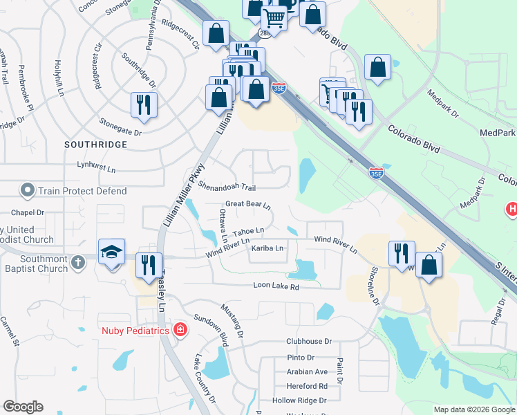 map of restaurants, bars, coffee shops, grocery stores, and more near 3001 Kootenay in Denton