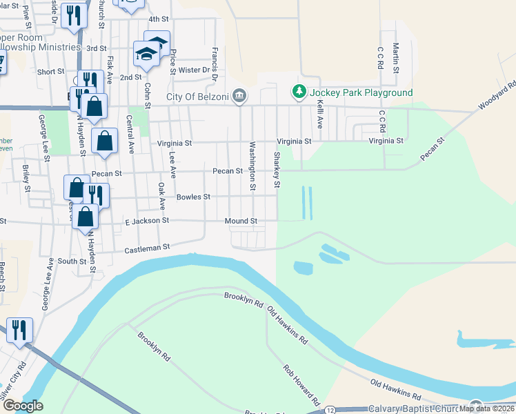 map of restaurants, bars, coffee shops, grocery stores, and more near 204 Washington Street in Belzoni