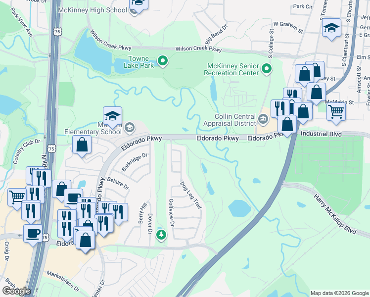 map of restaurants, bars, coffee shops, grocery stores, and more near 2401 Dog Leg Trail in McKinney