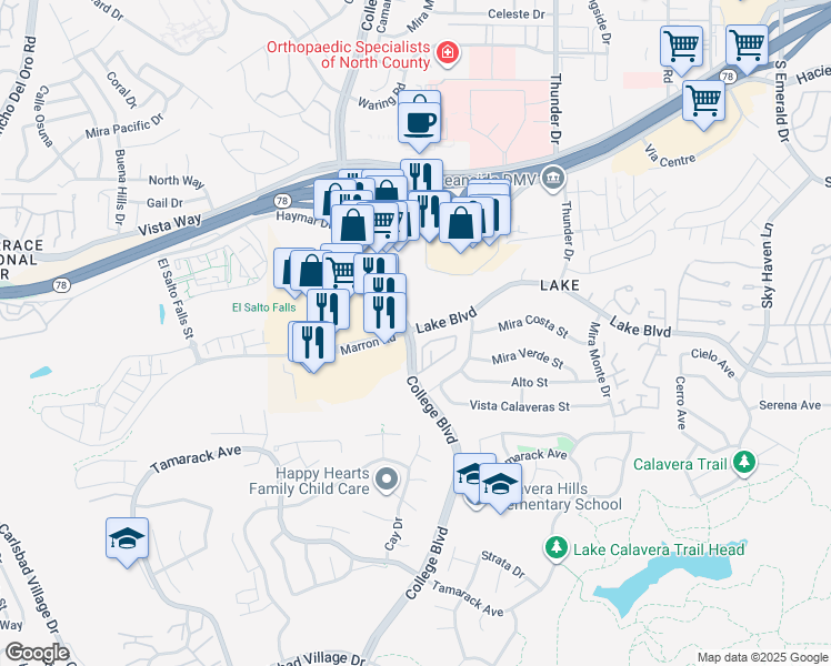 map of restaurants, bars, coffee shops, grocery stores, and more near 3505 Lake Boulevard in Oceanside