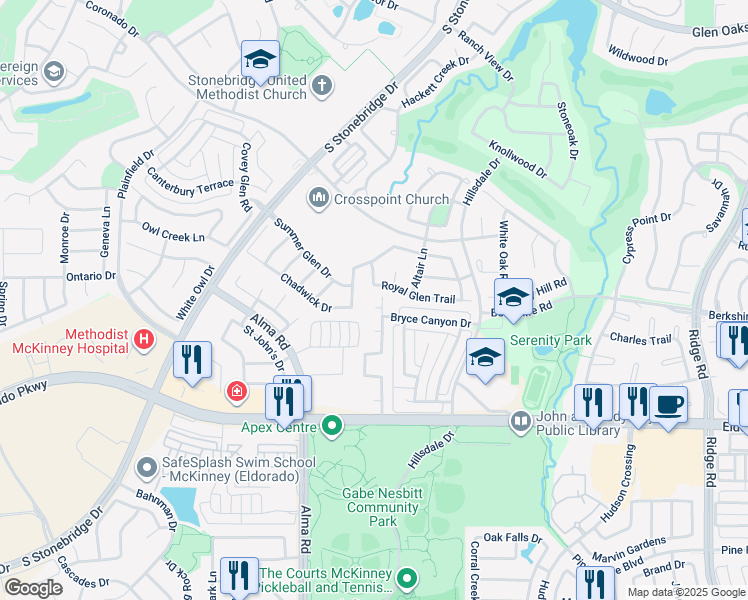 map of restaurants, bars, coffee shops, grocery stores, and more near 7308 Midcrest Ct in McKinney