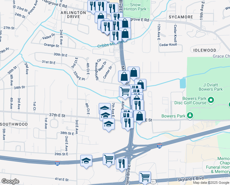 map of restaurants, bars, coffee shops, grocery stores, and more near 3305 7th Avenue East in Tuscaloosa