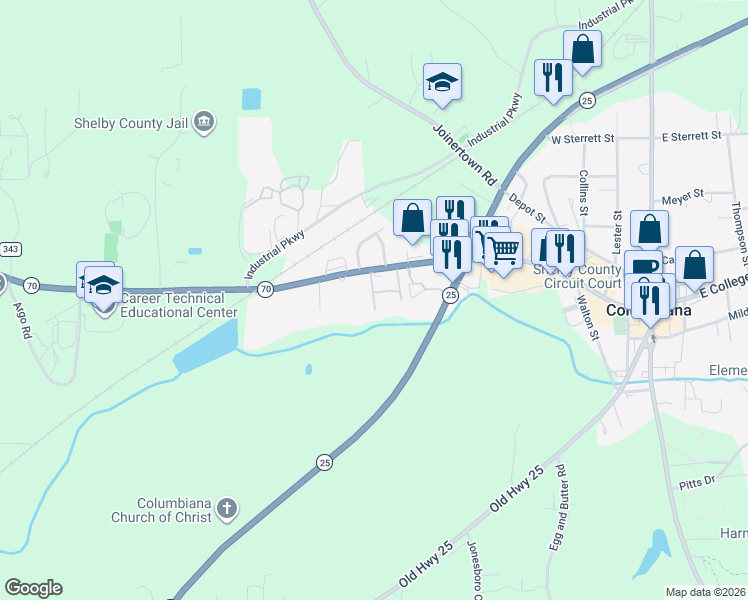 map of restaurants, bars, coffee shops, grocery stores, and more near 74 Town Creek Apartments in Columbiana