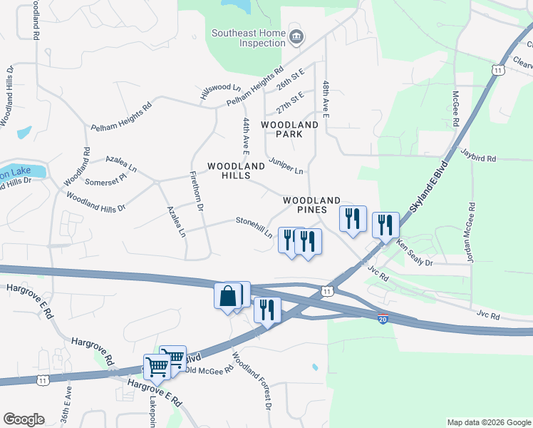 map of restaurants, bars, coffee shops, grocery stores, and more near 3214 Arbor Lane in Tuscaloosa