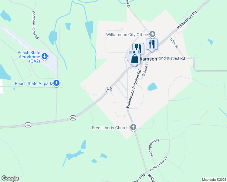 map of restaurants, bars, coffee shops, grocery stores, and more near 41 Williamson Trce in Williamson