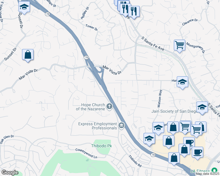 map of restaurants, bars, coffee shops, grocery stores, and more near 480 Paradise View Drive in Vista
