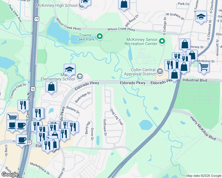 map of restaurants, bars, coffee shops, grocery stores, and more near 800 Ping Street in McKinney