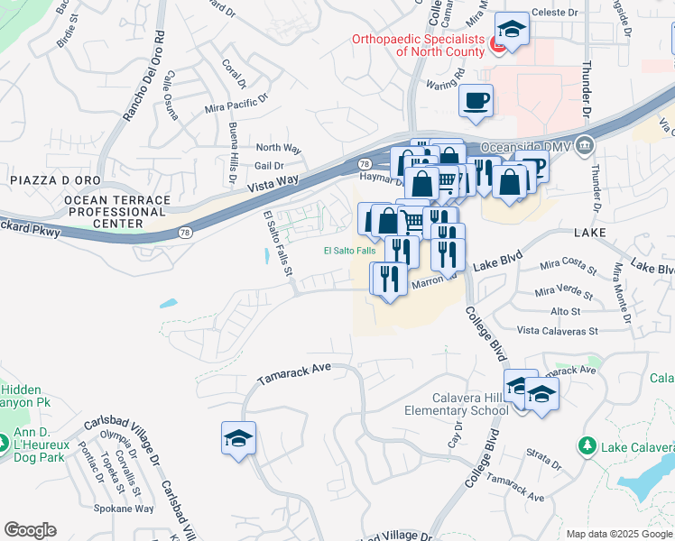 map of restaurants, bars, coffee shops, grocery stores, and more near 3380 Cordillera Court in Carlsbad