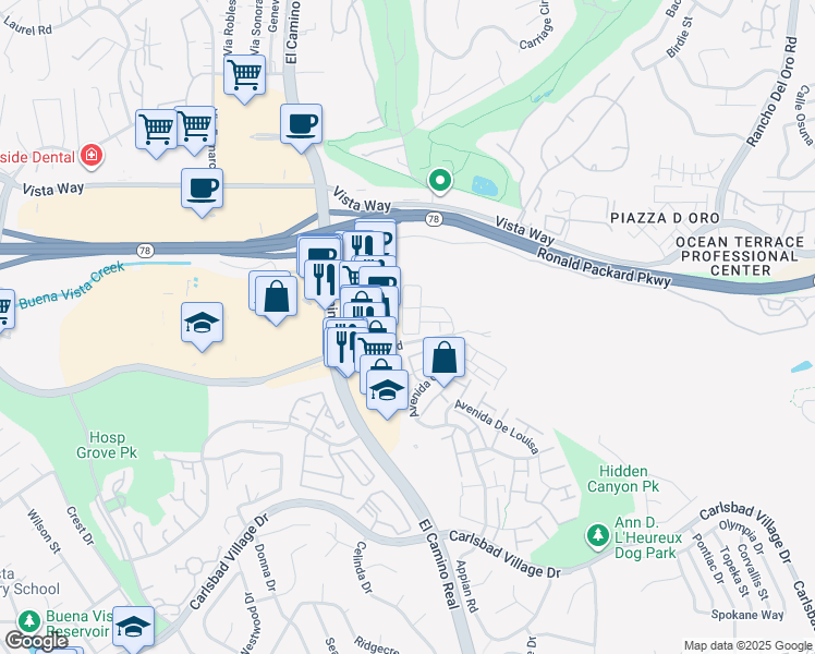 map of restaurants, bars, coffee shops, grocery stores, and more near 2540 Marron Road in Carlsbad
