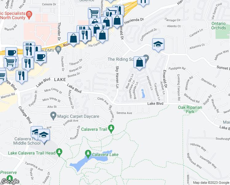 map of restaurants, bars, coffee shops, grocery stores, and more near 4293 Zenith Lane in Oceanside