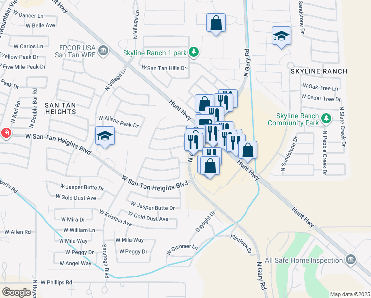 map of restaurants, bars, coffee shops, grocery stores, and more near 32971 North Hidden Canyon Drive in Queen Creek