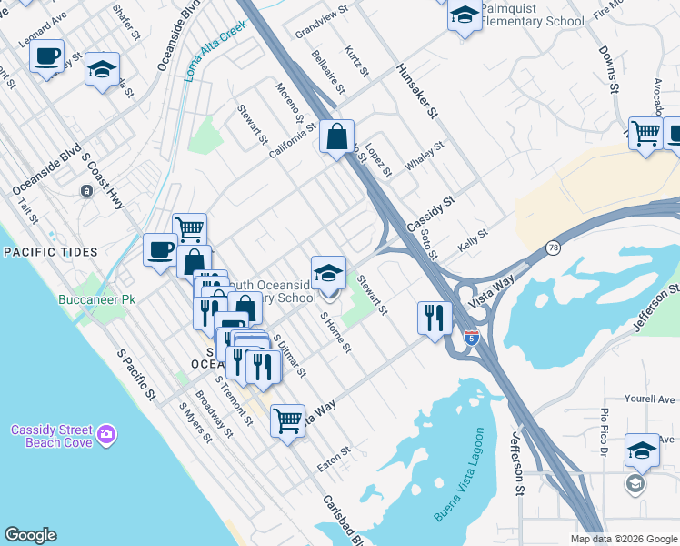 map of restaurants, bars, coffee shops, grocery stores, and more near 1742 Machado Street in Oceanside