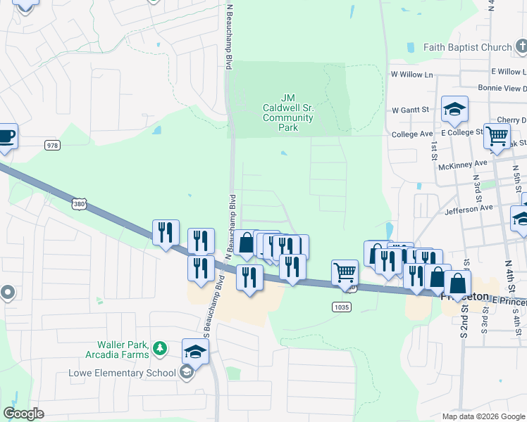 map of restaurants, bars, coffee shops, grocery stores, and more near 416 Stonecreek Drive in Princeton