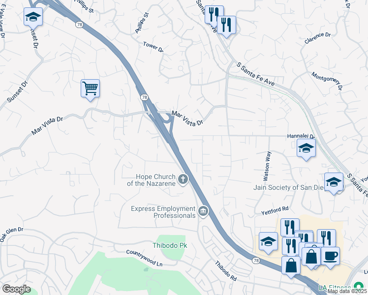 map of restaurants, bars, coffee shops, grocery stores, and more near 480 Paradise View Drive in Vista