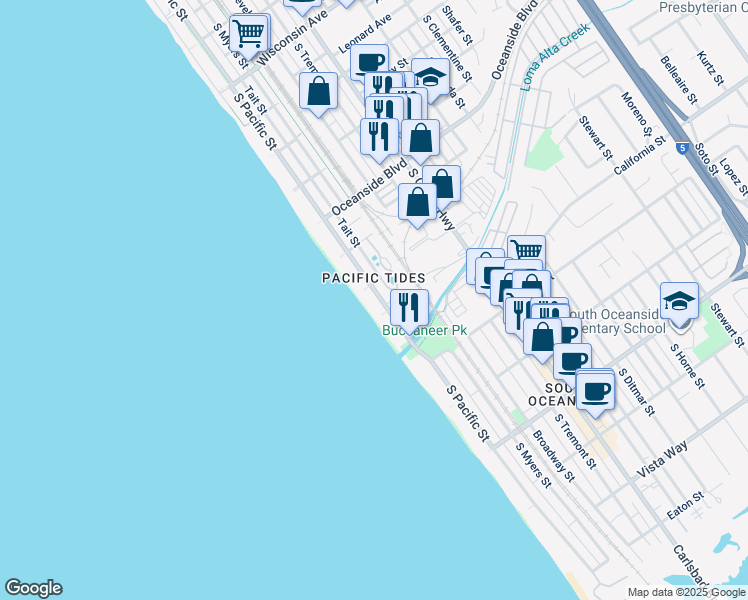 map of restaurants, bars, coffee shops, grocery stores, and more near in Oceanside