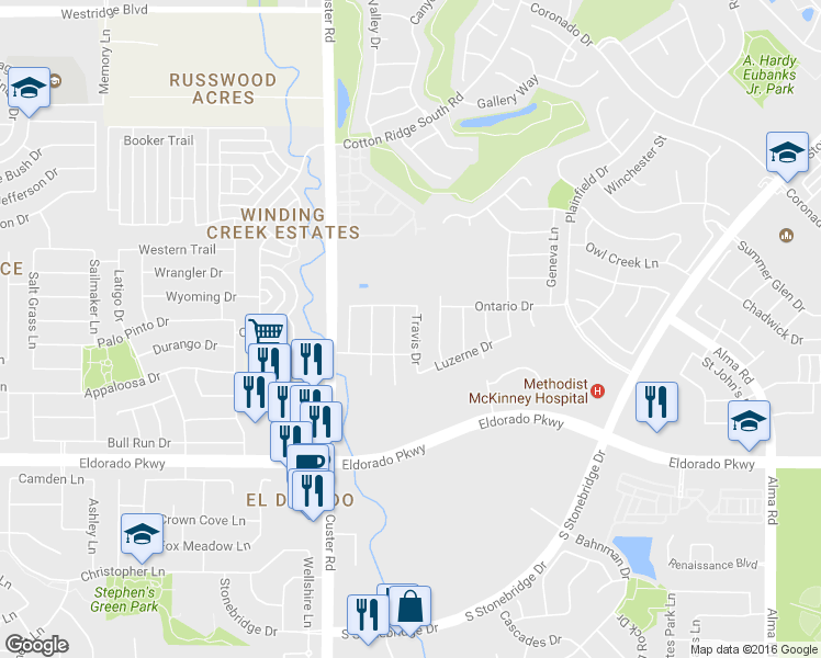 map of restaurants, bars, coffee shops, grocery stores, and more near 2516 Travis Drive in McKinney