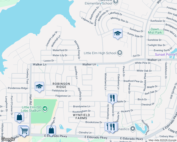 map of restaurants, bars, coffee shops, grocery stores, and more near 2604 Teal Cove Lane in Little Elm