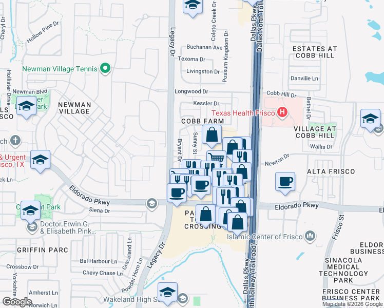 map of restaurants, bars, coffee shops, grocery stores, and more near 12115 Sunny Street in Frisco