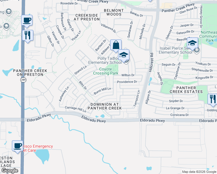 map of restaurants, bars, coffee shops, grocery stores, and more near 12204 Skipper Drive in Frisco