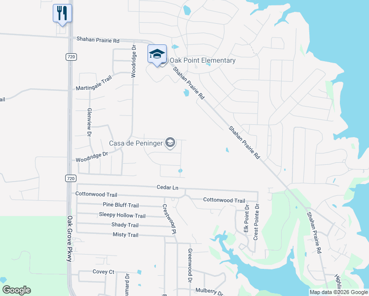 map of restaurants, bars, coffee shops, grocery stores, and more near 577 Lake Bluff Avenue in Oak Point