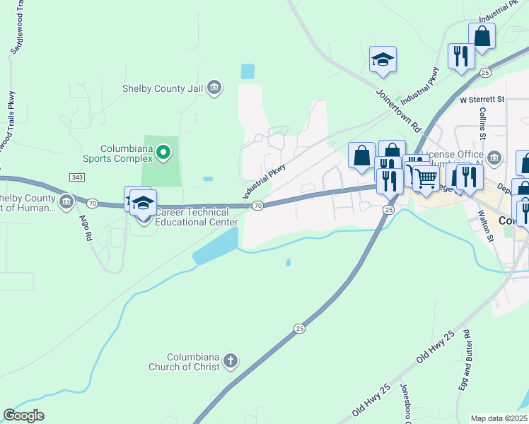 map of restaurants, bars, coffee shops, grocery stores, and more near 455 Alabama 70 in Columbiana
