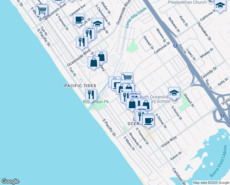 map of restaurants, bars, coffee shops, grocery stores, and more near 1555 South Coast Highway in Oceanside