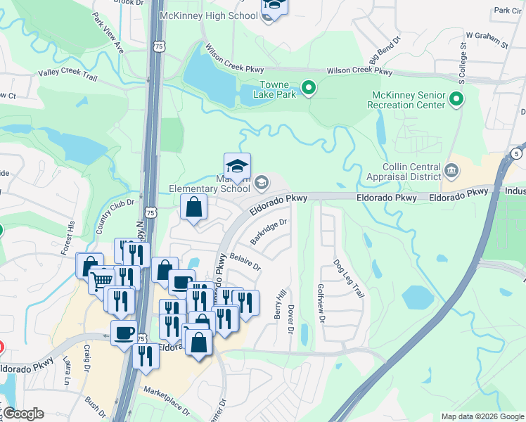 map of restaurants, bars, coffee shops, grocery stores, and more near 1016 Ridgecrest Drive in McKinney