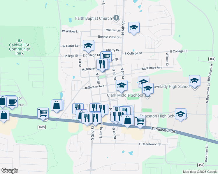 map of restaurants, bars, coffee shops, grocery stores, and more near 409 North 4th Street in Princeton