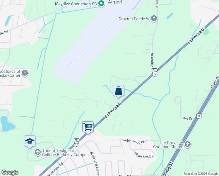 map of restaurants, bars, coffee shops, grocery stores, and more near 104 Elizabeth Lane in Moncks Corner
